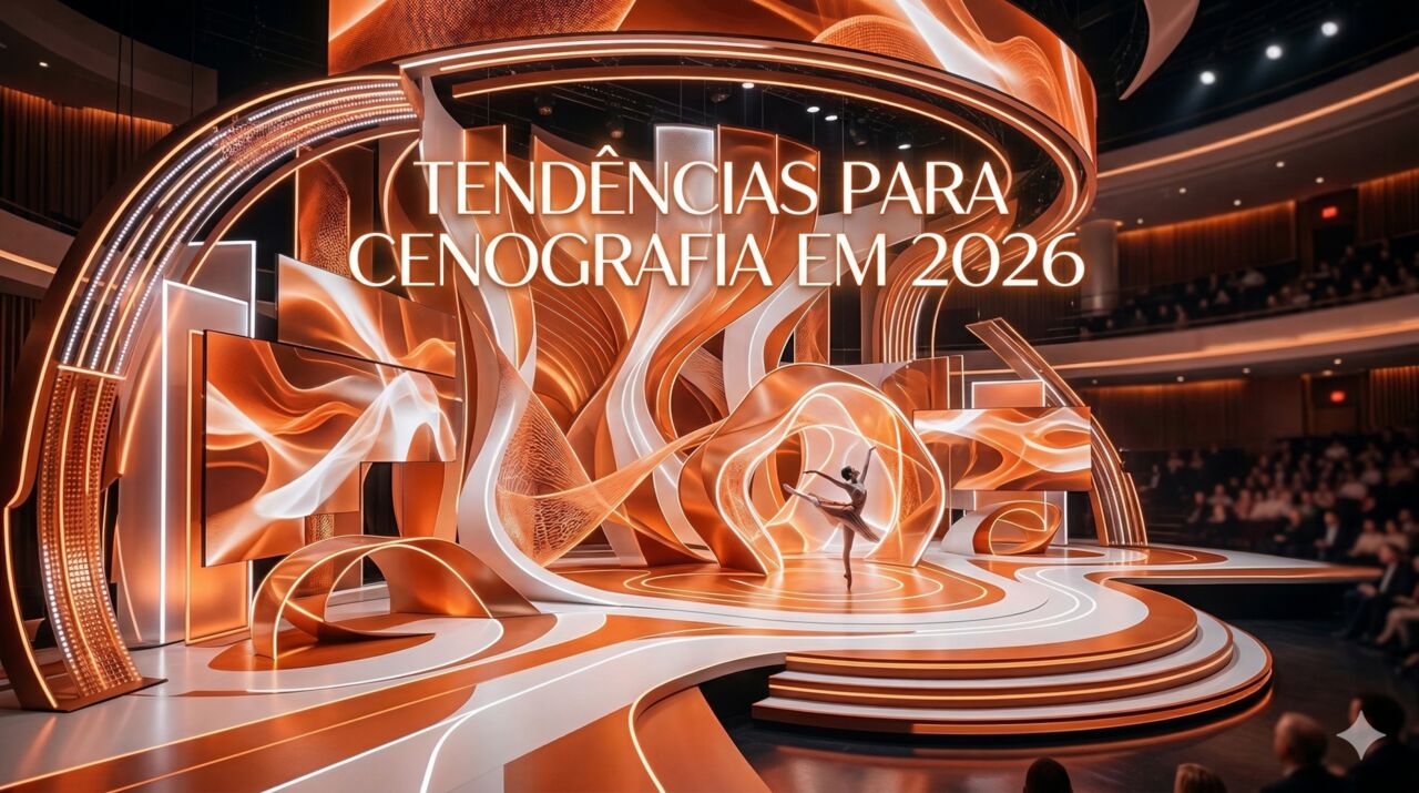 Cenografia moderna para evento de tecnologia com estruturas clean, iluminação LED e identidade visual integrada