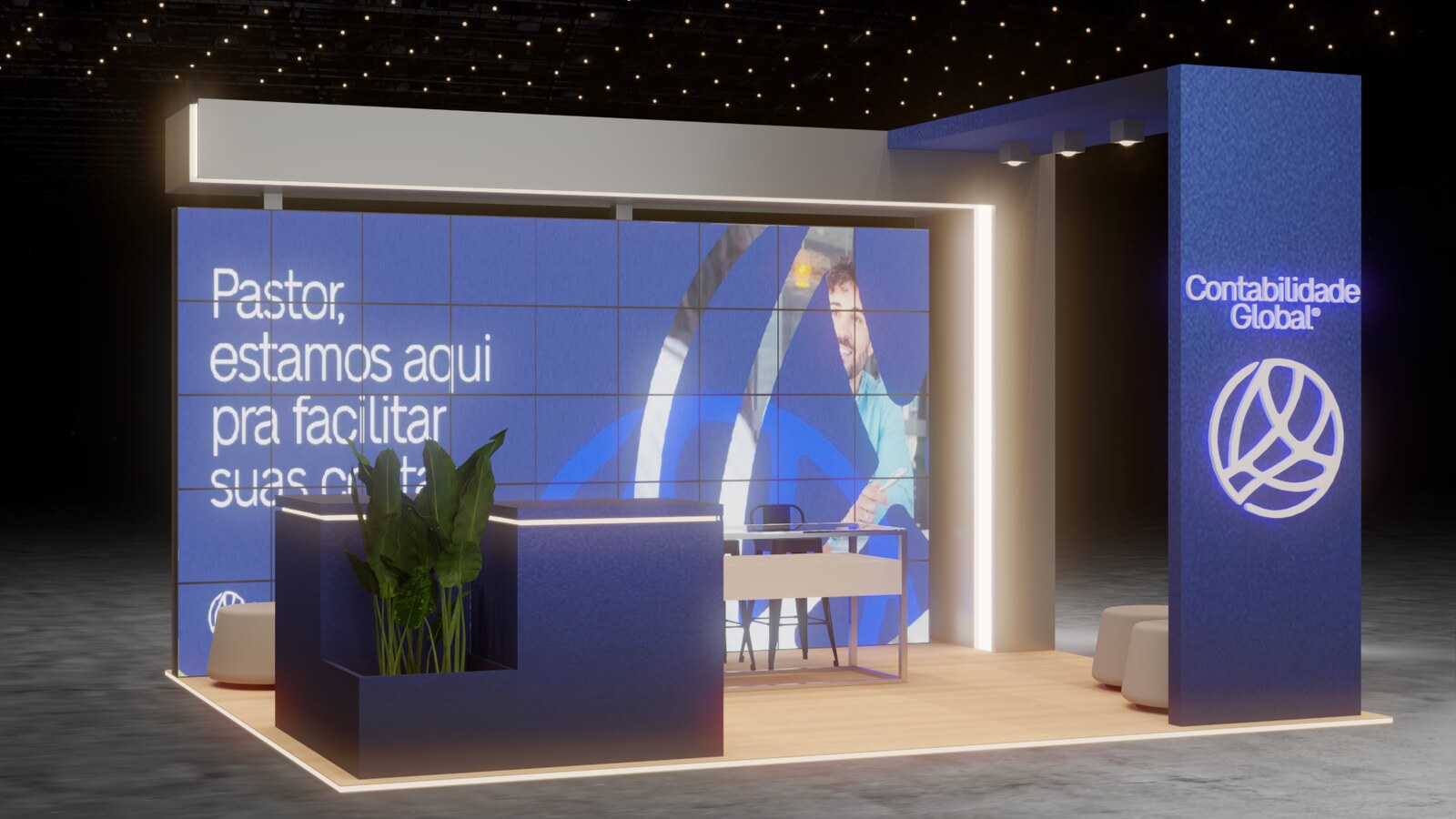 Perspectiva 3D do stand da Contabilidade Global com torre retroiluminada, painel de LED e mesa de reunião com tampo de vidro, projetado pela Atom Cenografia