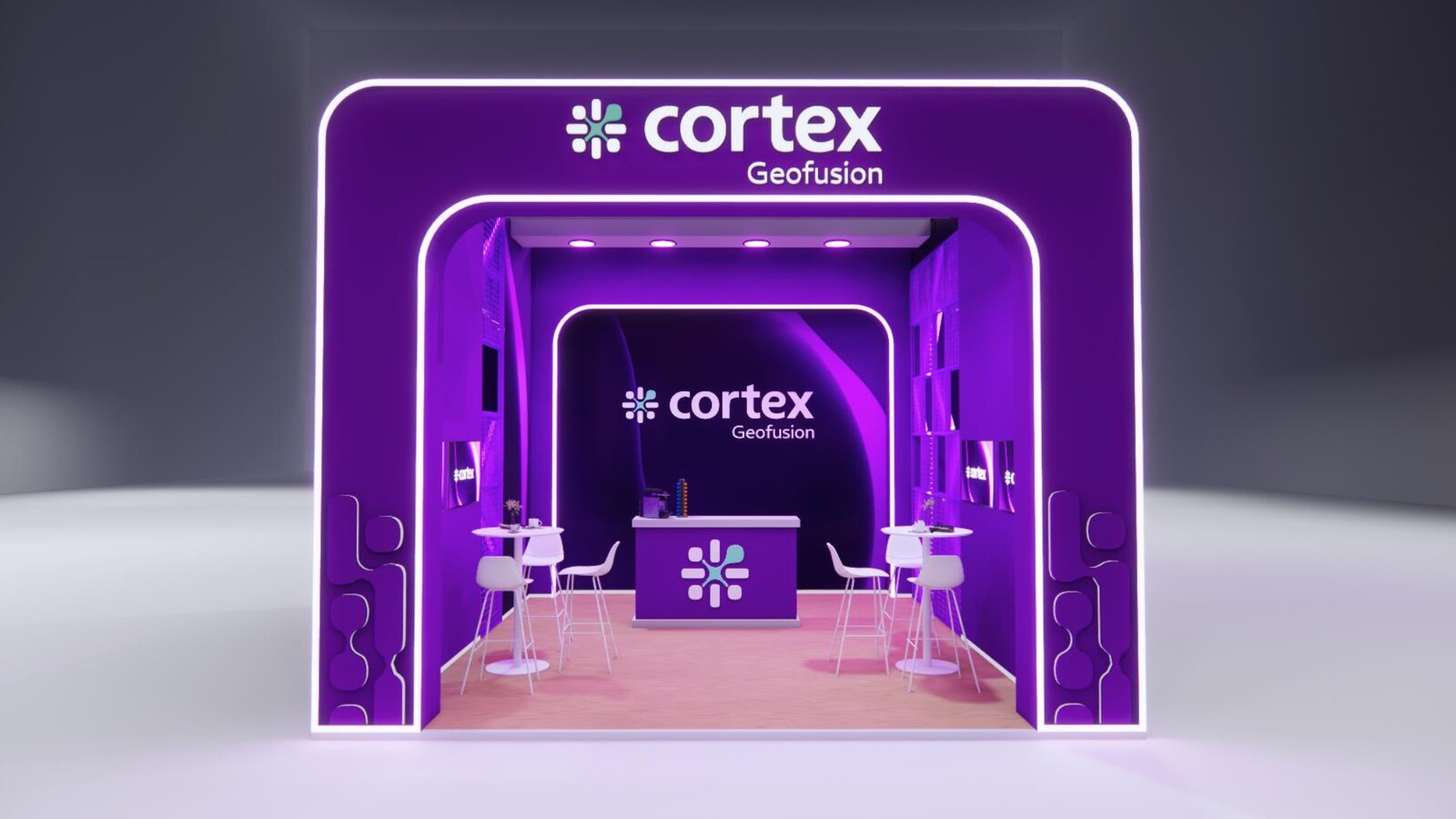 Perspectiva 3D do stand da Cortex Geofusion na ABF Franchising Expo 2026, fechado em roxo PANTONE 2602C com abertura em arco, projetado pela Atom Cenografia