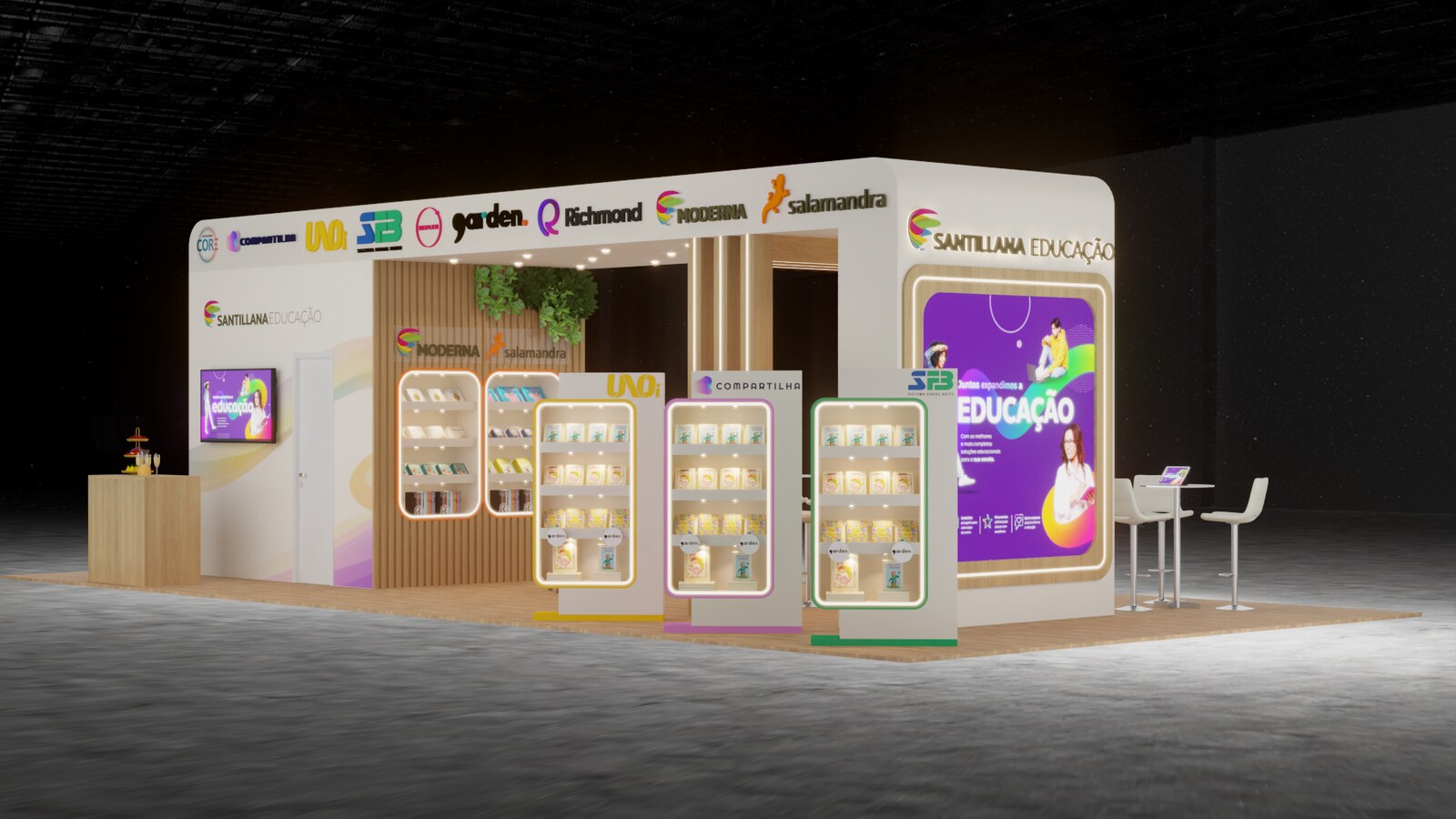 Perspectiva do projeto 3D aprovado para o stand da Santillana Educação, com testeira contínua e empenas retroiluminadas